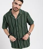men's green cuban collar relaxed fit striped shirt