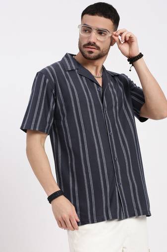men's grey cuban collar relaxed fit striped shirt