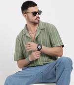 men's green cuban collar relaxed fit striped shirt