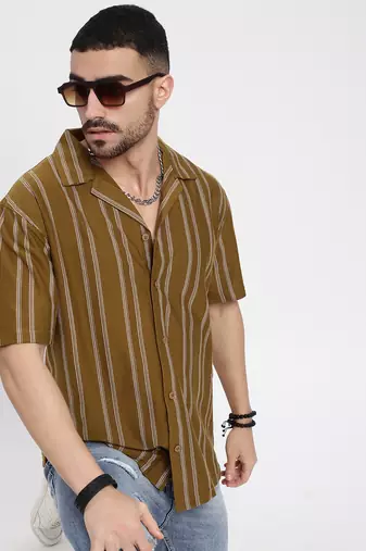 men's olive cuban collar relaxed fit striped shirt