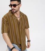 men's olive cuban collar relaxed fit striped shirt