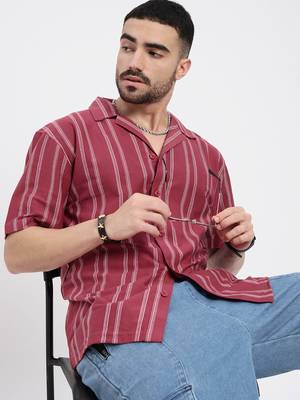 men's pink cuban collar relaxed fit striped shirt 1