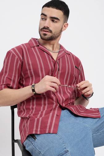 men's pink cuban collar relaxed fit striped shirt