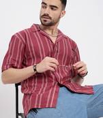men's pink cuban collar relaxed fit striped shirt