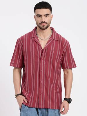 men's pink cuban collar relaxed fit striped shirt 2