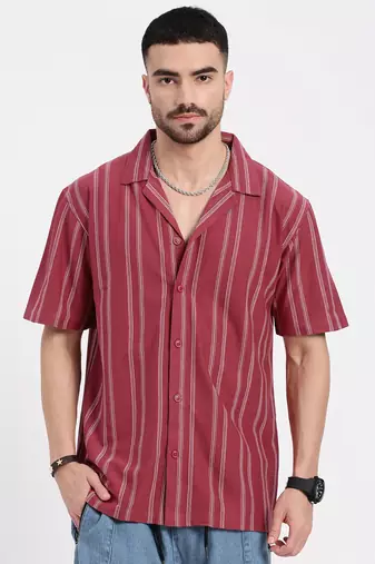 men's pink cuban collar relaxed fit striped shirt