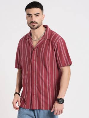 men's pink cuban collar relaxed fit striped shirt 3