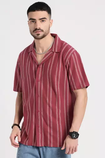 men's pink cuban collar relaxed fit striped shirt
