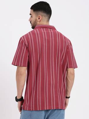 men's pink cuban collar relaxed fit striped shirt 4