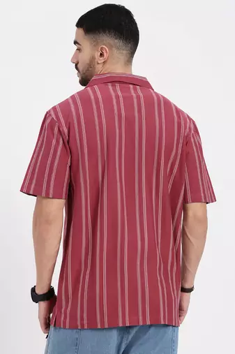 men's pink cuban collar relaxed fit striped shirt