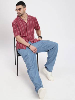 men's pink cuban collar relaxed fit striped shirt 5