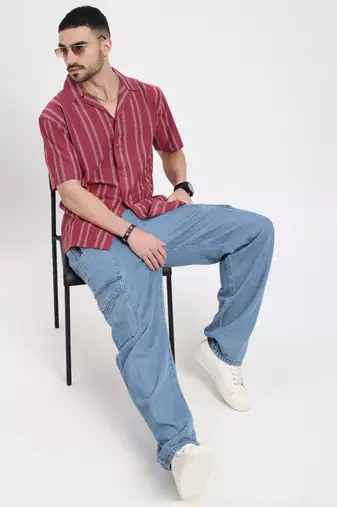 men's pink cuban collar relaxed fit striped shirt