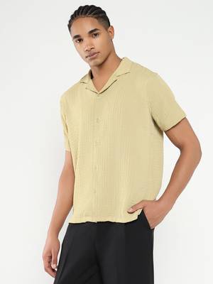 men's yellow cuban collar relaxed fit solid shirt 3