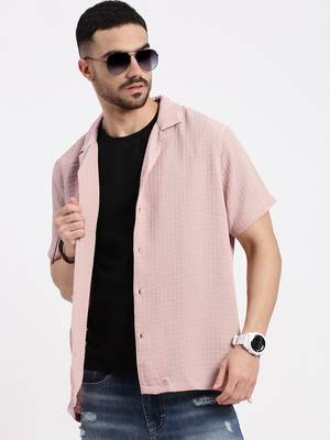 men's peach cuban collar relaxed fit solid shirt 1