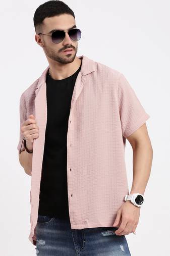 men's peach cuban collar relaxed fit solid shirt