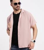 men's peach cuban collar relaxed fit solid shirt