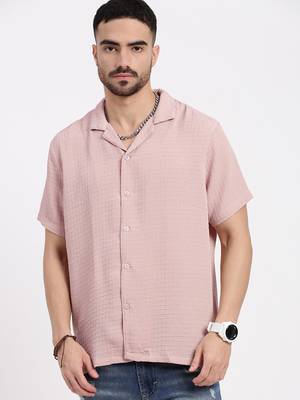 men's peach cuban collar relaxed fit solid shirt 2