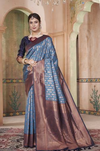 Light Teal Kanchivaram Silk Zari Weaving With Gold Zari Border And Pallu Saree With Blouse For Women