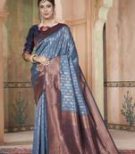 Light Teal Kanchivaram Silk Zari Weaving With Gold Zari Border And Pallu Saree With Blouse For Women