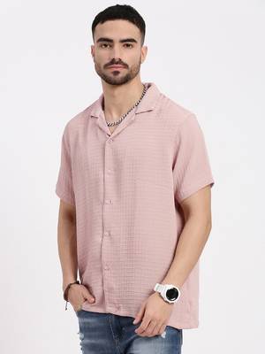 men's peach cuban collar relaxed fit solid shirt 3