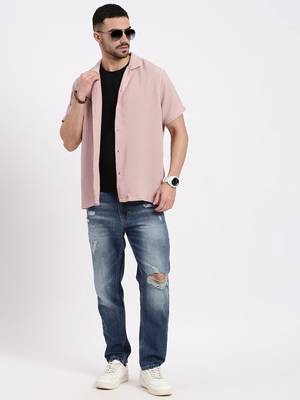 men's peach cuban collar relaxed fit solid shirt 5