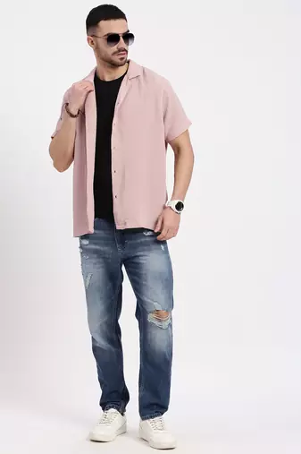 men's peach cuban collar relaxed fit solid shirt