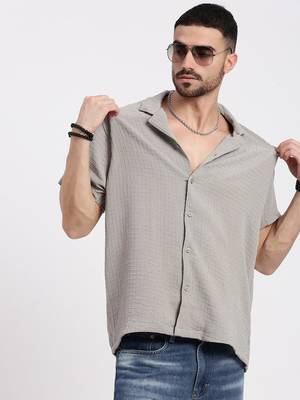 men's grey cuban collar relaxed fit solid shirt 1