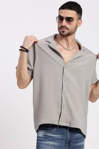 men's grey cuban collar relaxed fit solid shirt