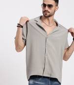 men's grey cuban collar relaxed fit solid shirt