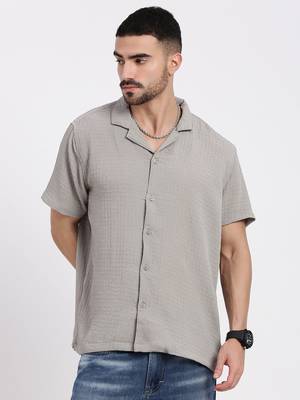 men's grey cuban collar relaxed fit solid shirt 2