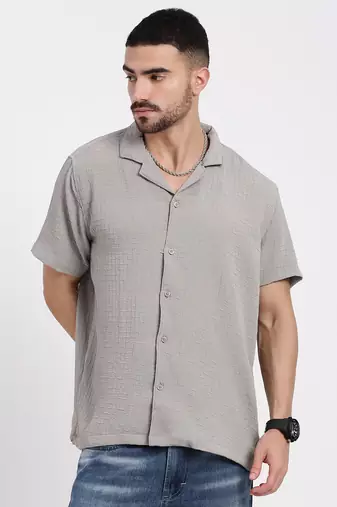 men's grey cuban collar relaxed fit solid shirt