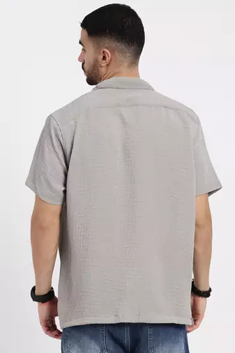 men's grey cuban collar relaxed fit solid shirt