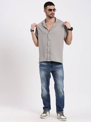 men's grey cuban collar relaxed fit solid shirt 5