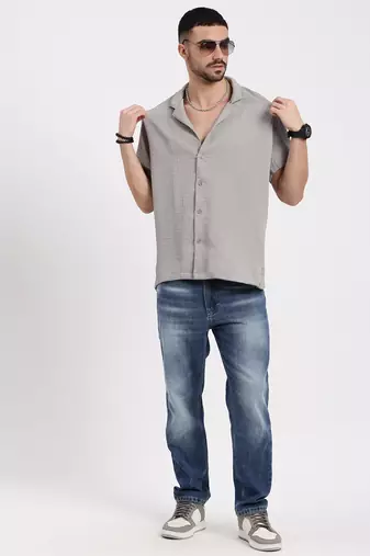 men's grey cuban collar relaxed fit solid shirt