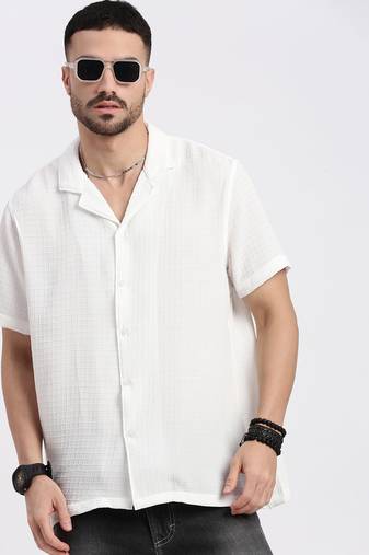 men's white cuban collar relaxed fit solid shirt