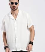 men's white cuban collar relaxed fit solid shirt