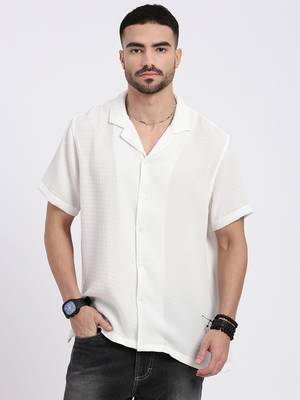 men's white cuban collar relaxed fit solid shirt 2