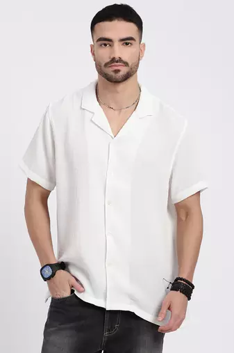 men's white cuban collar relaxed fit solid shirt