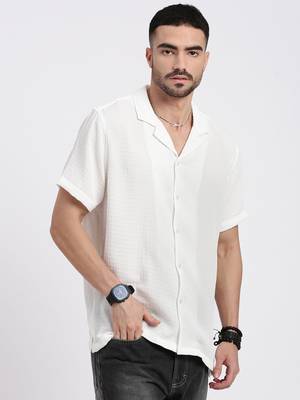 men's white cuban collar relaxed fit solid shirt 3