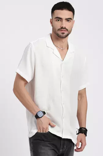 men's white cuban collar relaxed fit solid shirt