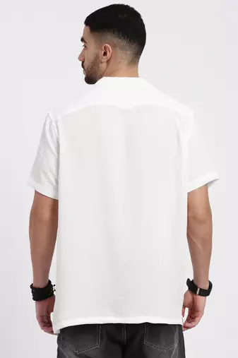 men's white cuban collar relaxed fit solid shirt