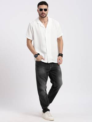 men's white cuban collar relaxed fit solid shirt 5