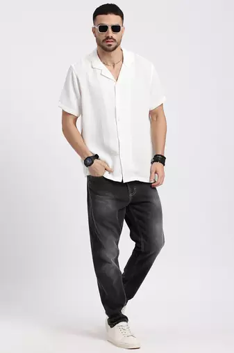 men's white cuban collar relaxed fit solid shirt