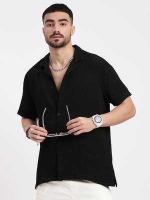 men's black cuban collar relaxed fit solid shirt 1