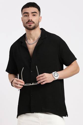 men's black cuban collar relaxed fit solid shirt