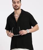 men's black cuban collar relaxed fit solid shirt