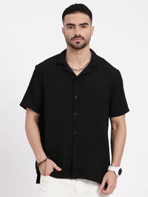 men's black cuban collar relaxed fit solid shirt 2