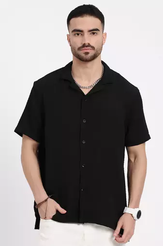 men's black cuban collar relaxed fit solid shirt