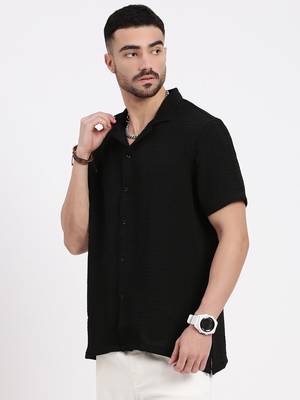 men's black cuban collar relaxed fit solid shirt 3