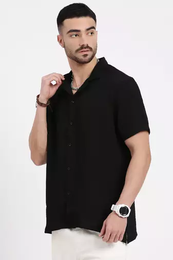 men's black cuban collar relaxed fit solid shirt